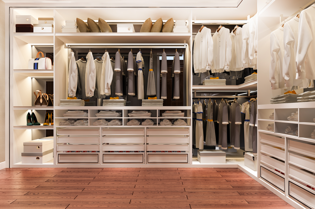 3d rendering luxury scandinavian wood walk in closet with wardrobe