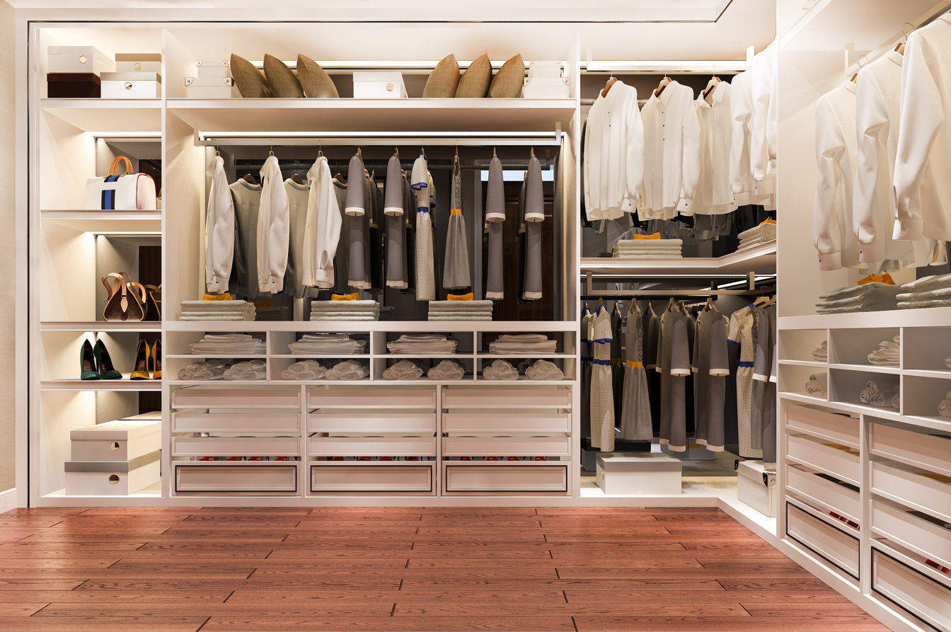 3d rendering luxury scandinavian wood walk in closet with wardrobe