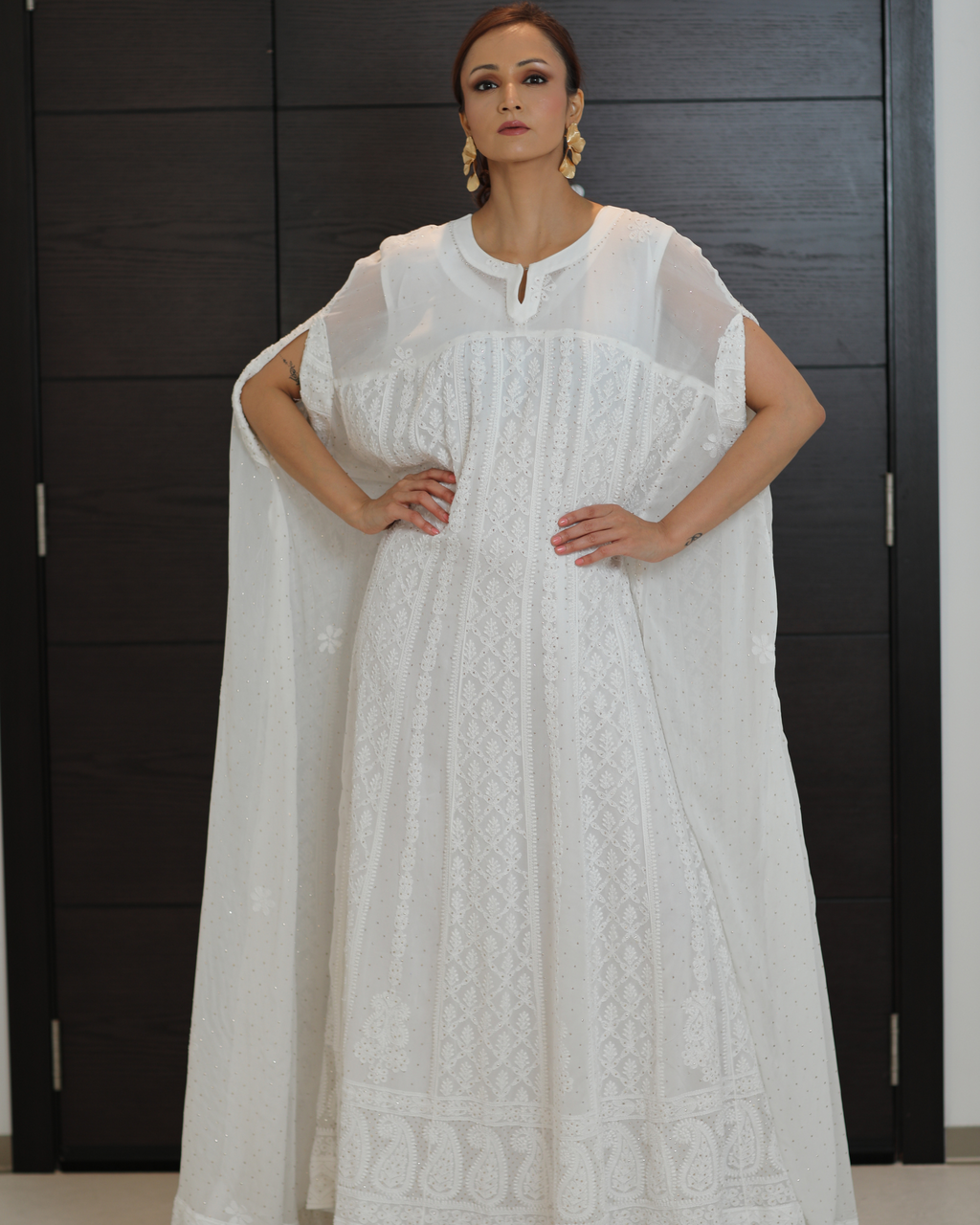 Pristine White Jalabiya-Gown: Georgette with Chikankari & Mukaish