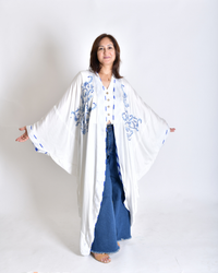 White Satin Shrug - Silk Long Shrug/Abaya with Front Chikankari
