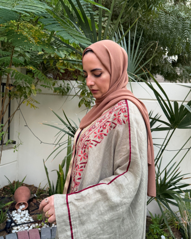 Olive Linen Gul Shrug - Hand-Embroidered Long Linen Shrug