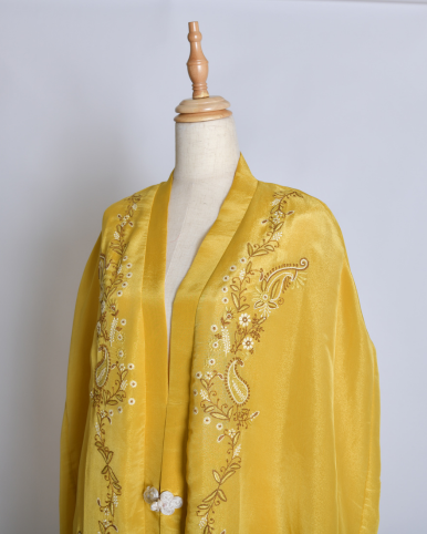 Zaed-E-Khubsurat Long Tissue Jacket - Yellow Chikankari (Handcrafted)
