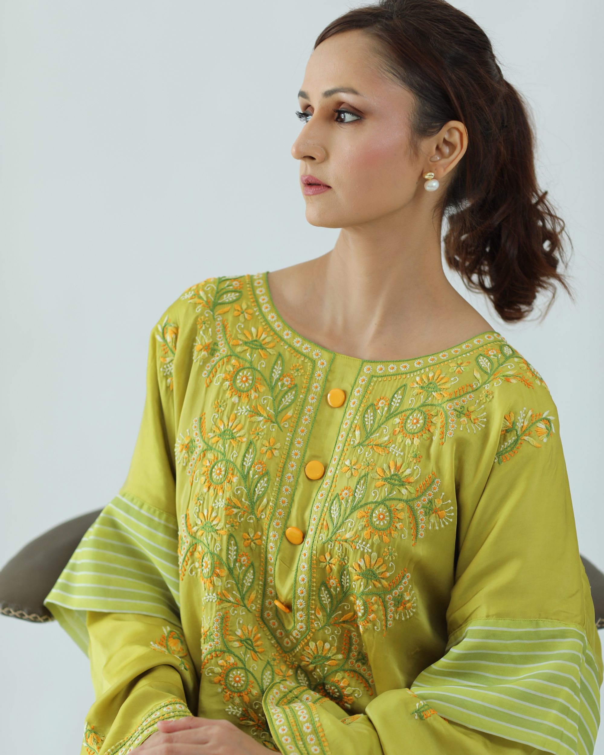 Noor Kaftan: Satin-Silk Chikankari Kaftan