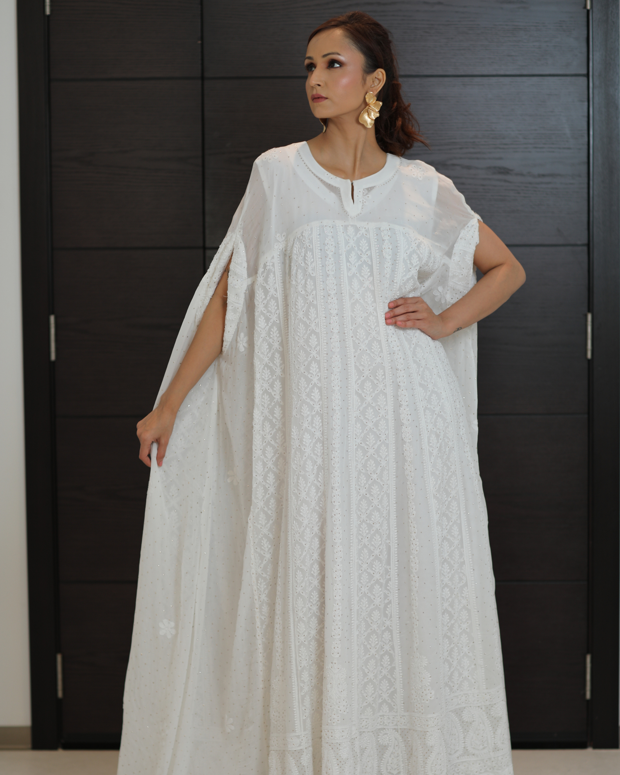 Pristine White Jalabiya-Gown: Georgette with Chikankari & Mukaish