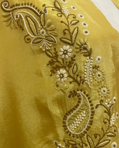 Zaed-E-Khubsurat Long Tissue Jacket - Yellow Chikankari (Handcrafted)