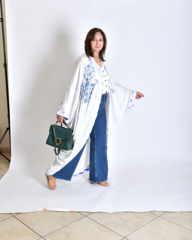 White Satin Shrug - Silk Long Shrug/Abaya with Front Chikankari