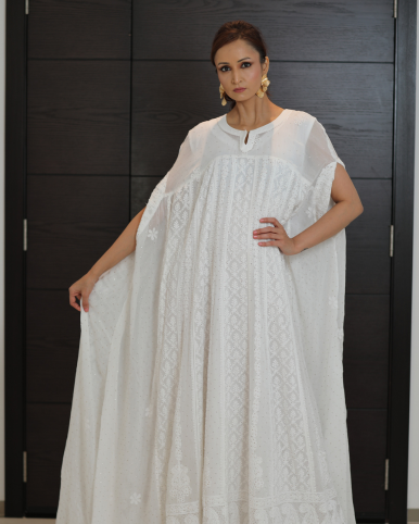 Pristine White Jalabiya-Gown: Georgette with Chikankari & Mukaish