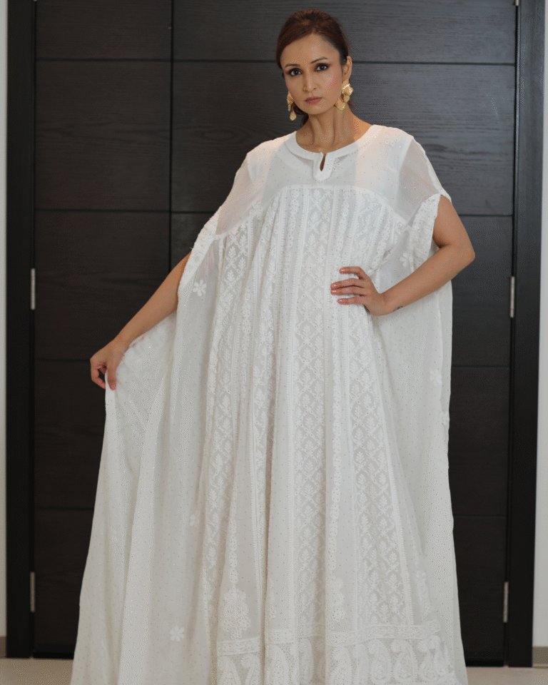 Pristine White Jalabiya-Gown: Georgette with Chikankari & Mukaish