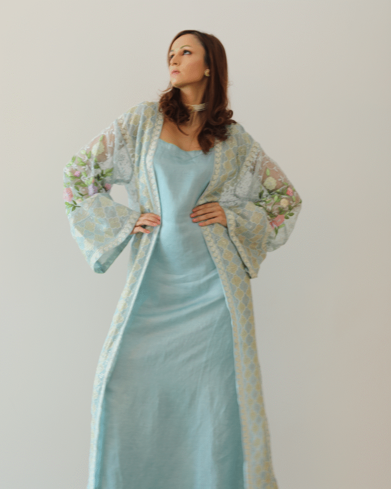 Azure Bloom: Chikankari Evening Gown with Organza