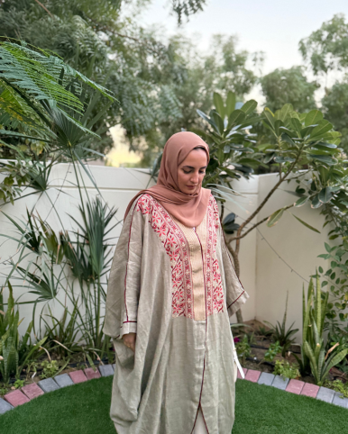Olive Linen Gul Shrug - Hand-Embroidered Long Linen Shrug