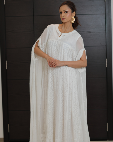 Pristine White Jalabiya-Gown: Georgette with Chikankari & Mukaish