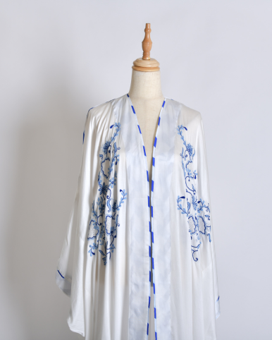 White Satin Shrug - Silk Long Shrug/Abaya with Front Chikankari