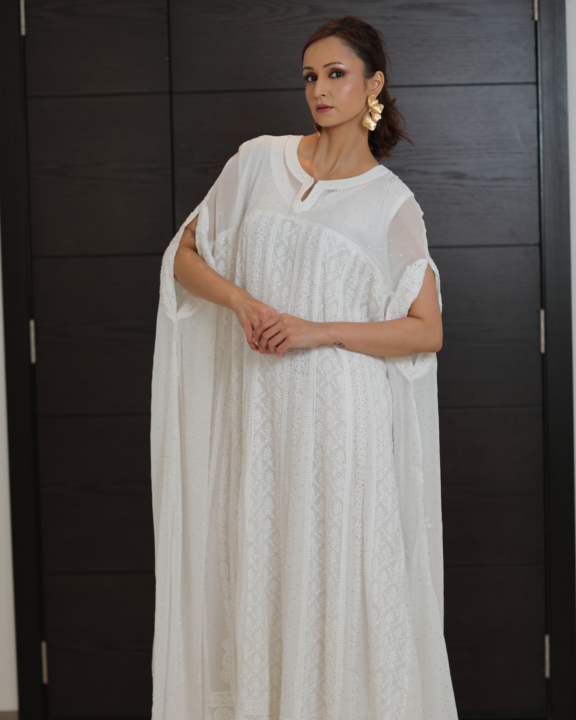 Pristine White Jalabiya-Gown: Georgette with Chikankari & Mukaish