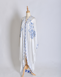 White Satin Shrug - Silk Long Shrug/Abaya with Front Chikankari