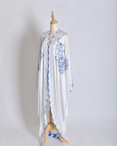 White Satin Shrug - Silk Long Shrug/Abaya with Front Chikankari