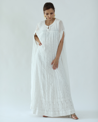 Pristine White Jalabiya-Gown: Georgette with Chikankari & Mukaish