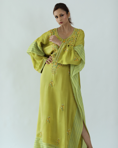 Noor Kaftan: Satin-Silk Chikankari Kaftan