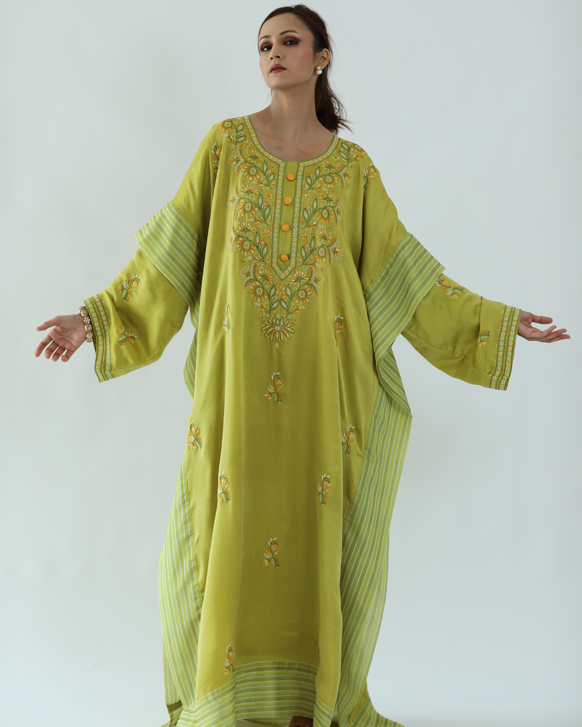 Noor Kaftan: Satin-Silk Chikankari Kaftan