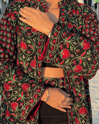 Flower Unity Jacket - Black/Red Chikankari Long Jacket (Handcrafted)