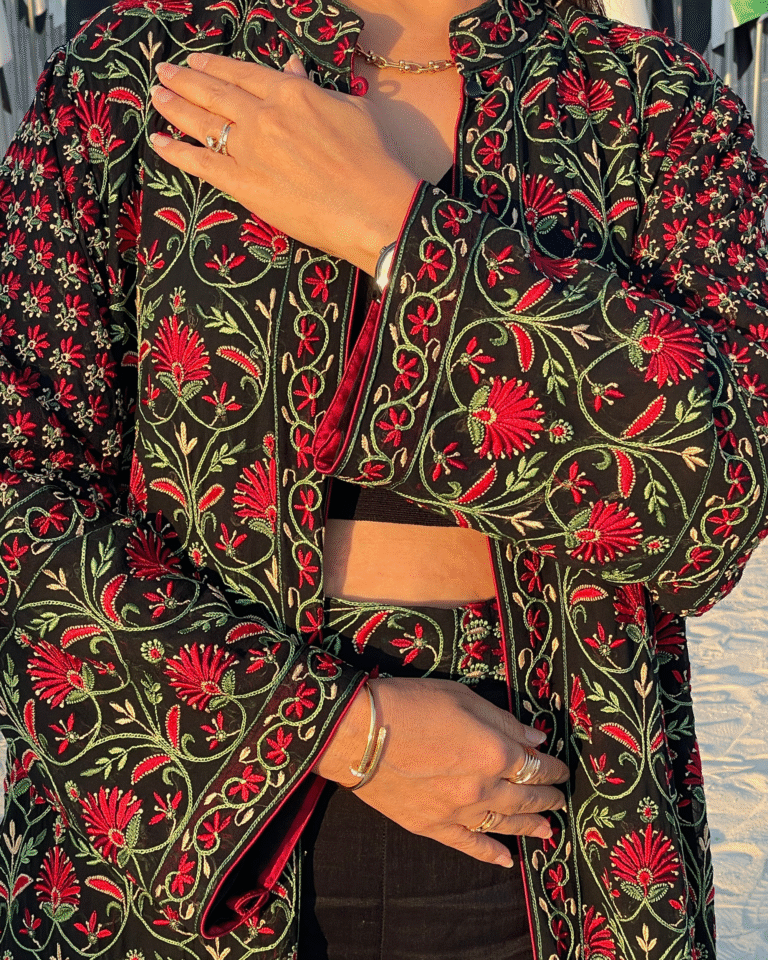 Flower Unity Jacket - Black/Red Chikankari Long Jacket (Handcrafted)