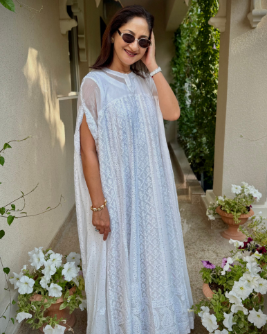 Pristine White Jalabiya-Gown: Georgette with Chikankari & Mukaish