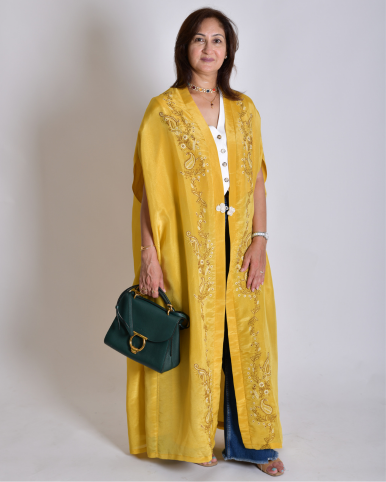 Zaed-E-Khubsurat Long Tissue Jacket - Yellow Chikankari (Handcrafted)