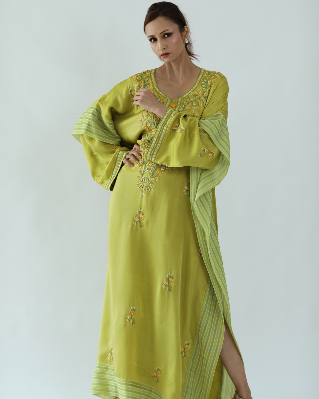Noor Kaftan: Satin-Silk Chikankari Kaftan