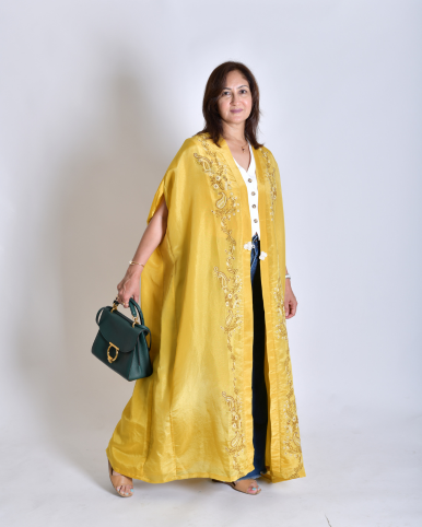 Zaed-E-Khubsurat Long Tissue Jacket - Yellow Chikankari (Handcrafted)