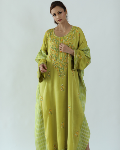 Noor Kaftan: Satin-Silk Chikankari Kaftan