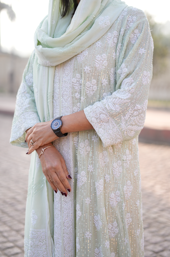 Noor-e-Henna Gown - Mint Georgette Two-Piece with Chikankari