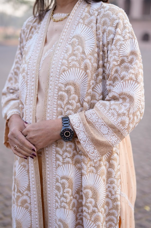 Layali Luxe Long Jacket - Chikankari Embroidered Silk Longline Jacket