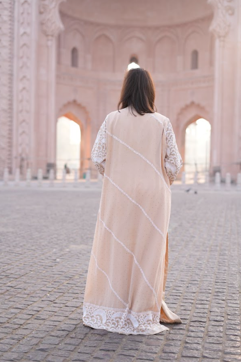 Layali Luxe Long Jacket - Chikankari Embroidered Silk Longline Jacket