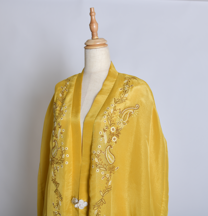 Zaed-E-Khubsurat Long Tissue Jacket - Yellow Chikankari (Handcrafted)