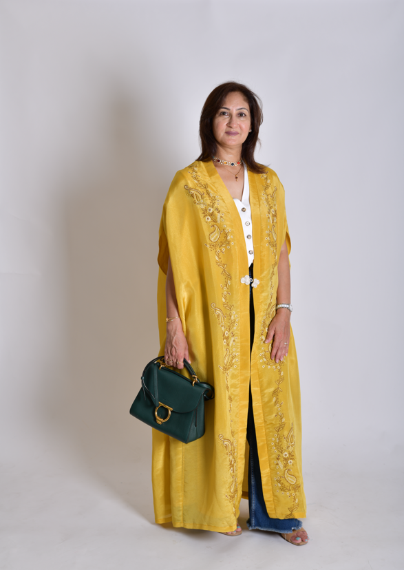 Zaed-E-Khubsurat Long Tissue Jacket - Yellow Chikankari (Handcrafted)