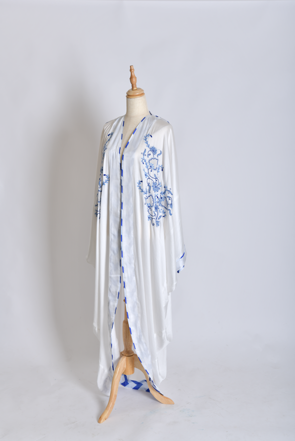 White Satin Shrug - Silk Long Shrug/Abaya with Front Chikankari