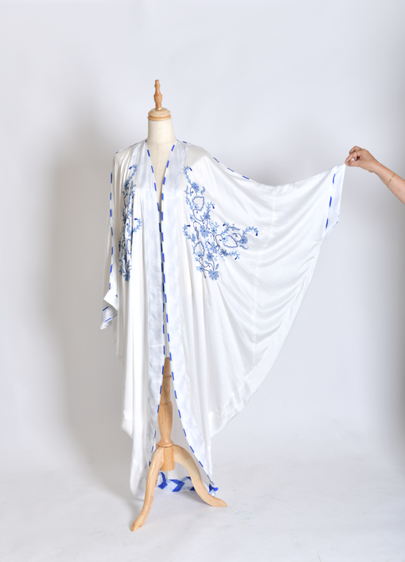 White Satin Shrug - Silk Long Shrug/Abaya with Front Chikankari