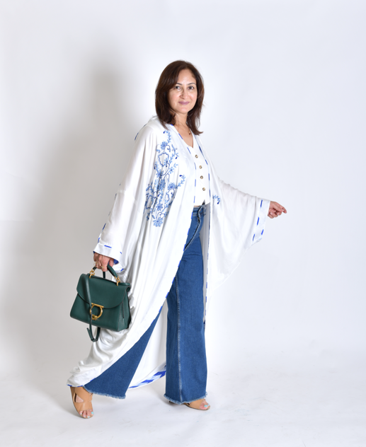 White Satin Shrug - Silk Long Shrug/Abaya with Front Chikankari