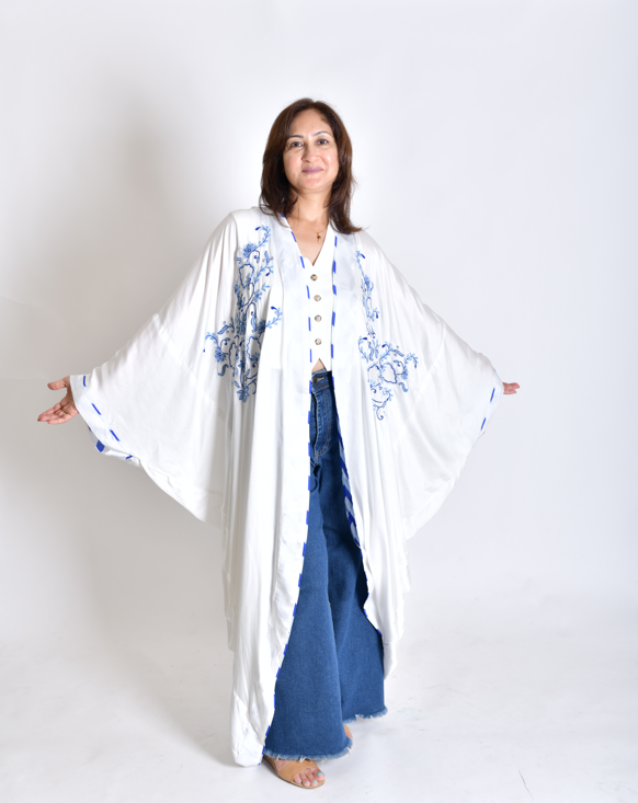White Satin Shrug - Silk Long Shrug/Abaya with Front Chikankari