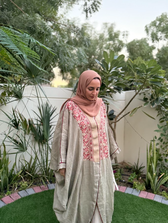 Olive Linen Gul Shrug - Hand-Embroidered Long Linen Shrug