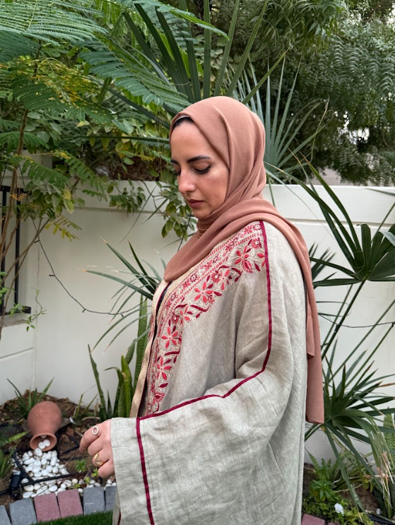 Olive Linen Gul Shrug - Hand-Embroidered Long Linen Shrug