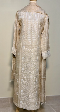 Pure Tussar Kurta Set with Dupatta - Fine Chikankari & Elegant Add-Ons