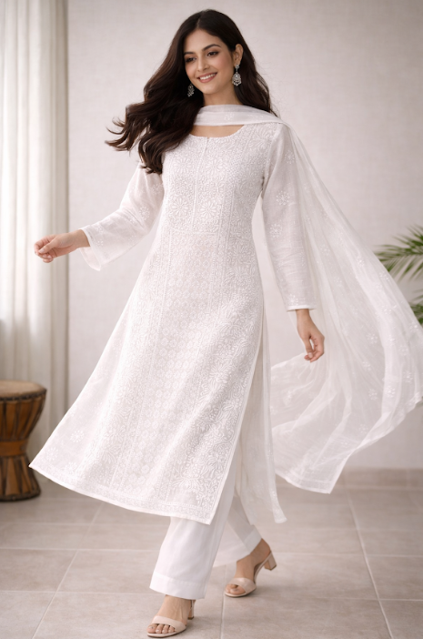 Pristine White Kota Suit with Dupatta - Fine Chikankari & Buta Detailing
