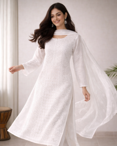 Pristine White Kota Suit with Dupatta - Fine Chikankari & Buta Detailing